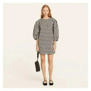 J. Crew Size XS Black and White Puff-Sleeve Mini Dress in Textured Plaid NEW!